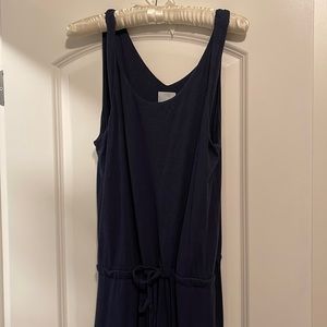 Navy tie waist, twist shoulder jumpsuit.